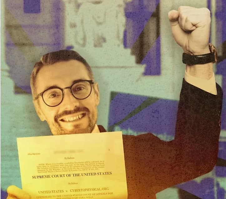 Nathan Rifkin smiling at the viewer holding a successful court decision while pumping his fist
